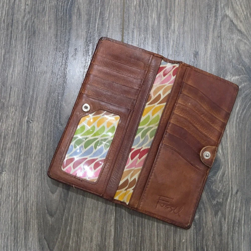 Fossil Kisslock Leather Clutch Wallet Brown Coin Pouch Card Holder Vintage